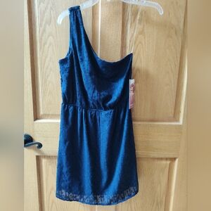 NWT S Emerald Sundae Textured Navy One Shoulder Mini Dress